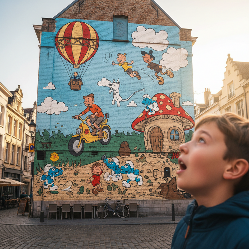 Een kind staat op een Brusselse straat en kijkt met open mond naar een grote, kleurrijke muurschildering van stripfiguren op een gebouw.