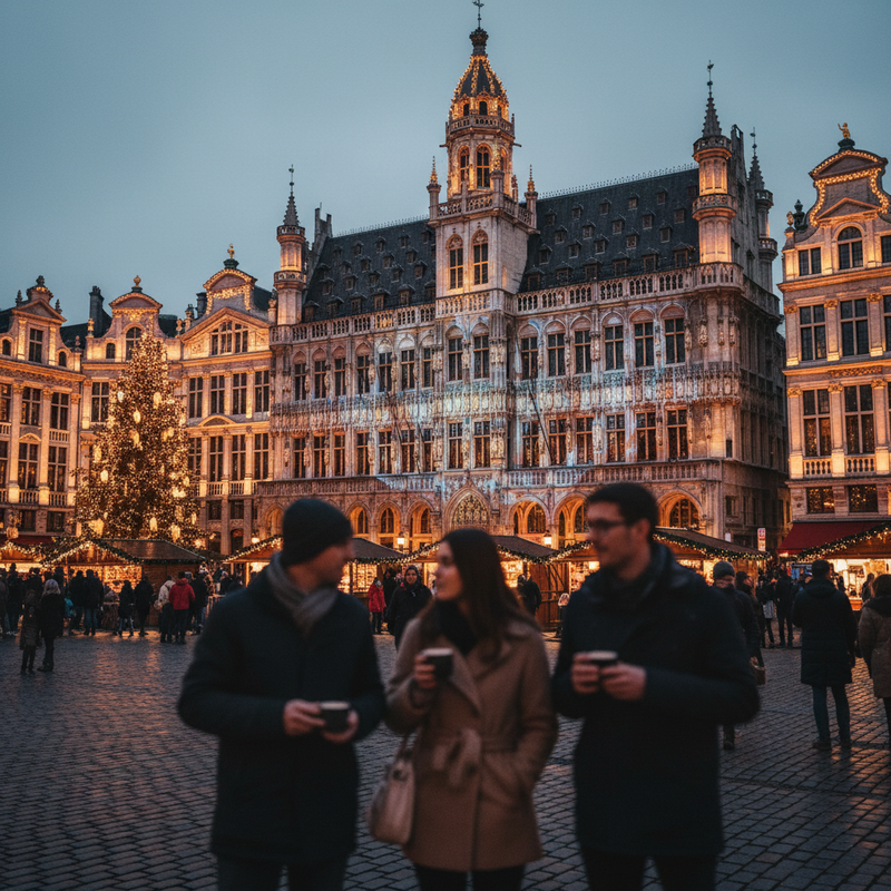 Een indrukwekkende foto van de Grote Markt in Brussel, waarbij de historische gebouwen rijkelijk verlicht zijn met warme kerstverlichting. De gevels van de gildehuizen stralen, en de sfeer is feestelijk en betoverend.