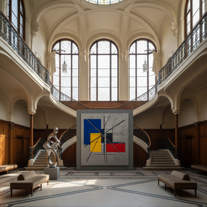 Een ruime museumzaal met hoge plafonds en Art Nouveau-architectuur, verlicht door natuurlijk licht. In het midden staat een minimalistisch, abstract kunstwerk, dat een contrast vormt met de historische omgeving. Het beeld benadrukt de vereniging van klassieke architectuur en moderne kunst.