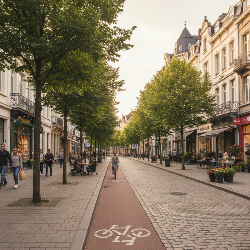 Een levendige straat in een Brusselse wijk met bomen, een fietspad, wandelende mensen en lokale winkels, die een voorbeeld is van een succesvolle stadsontwikkeling.