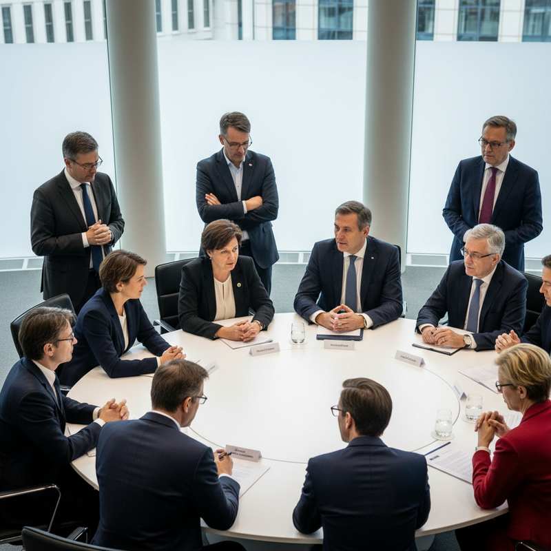Een groep diverse Brusselse politici in een modern vergaderlokaal, intensief discussiërend en overleggend rond een grote tafel. De scène benadrukt hun serieuze betrokkenheid bij het vormen van beleid.