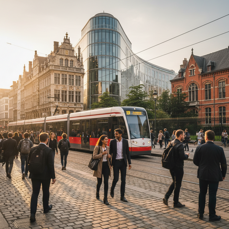 Een levendige straatscène in Brussel, met diverse mensen, gebouwen van verschillende stijlen en een tram, die de gelaagde structuur en dynamiek van de stad weerspiegelt.