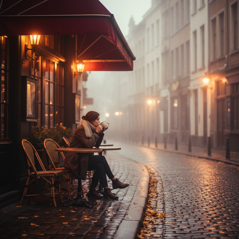 Een sfeervolle, licht vochtige Brusselse straat met kinderkopjes en klassieke gebouwen. Een warm verlicht café met een luifel en een buitenterras is zichtbaar. Op de grond liggen enkele herfstbladeren, en een persoon zit comfortabel aan een tafeltje met een warm drankje.