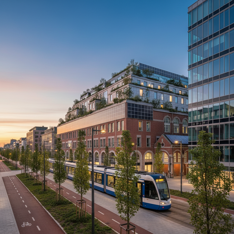 Een brede foto van een modern stadslandschap in Brussel bij schemering, met een tram op een spoor, een fietspad, nieuwe bomen, en gebouwen met groene daken en zonnepanelen. Het beeld reflecteert stedelijke ontwikkeling en duurzaamheid.