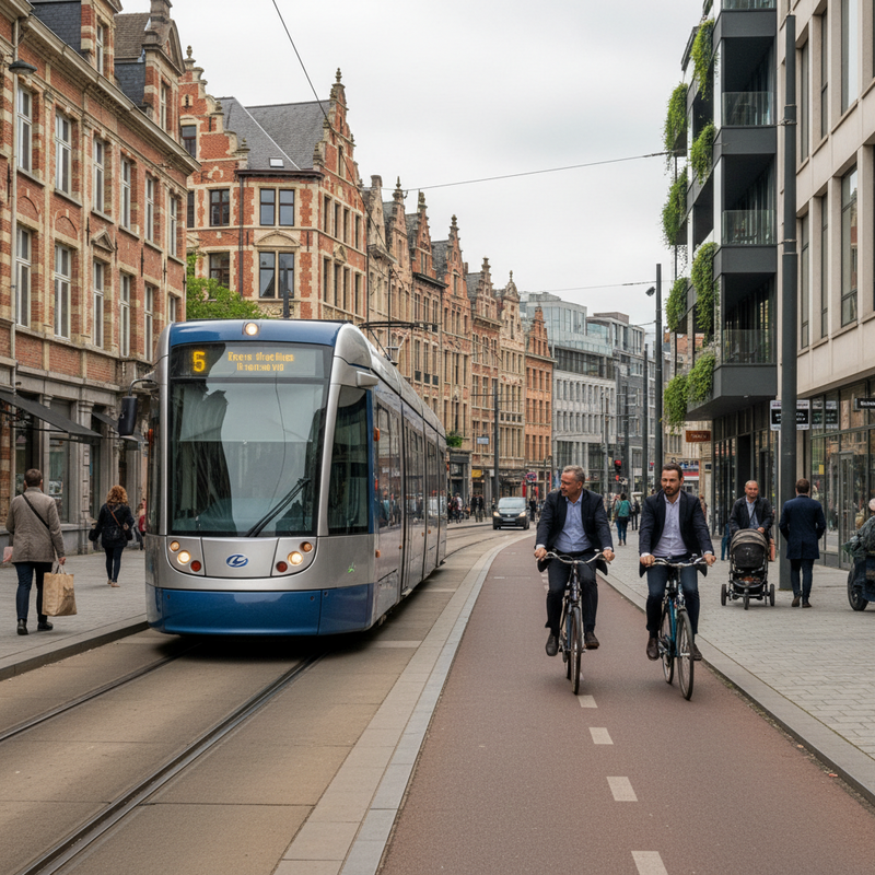 Een levendige straat in Brussel toont een moderne tram, een druk fietspad en gebouwen met groene gevels, die de impact van het stedelijk beleid op mobiliteit, milieu en leefkwaliteit illustreren.