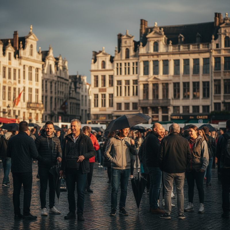 Mensen op een levendig plein in Brussel passen zich aan aan het snel veranderende weer; sommigen met paraplu's, anderen genieten van de zon die door de wolken breekt, met historische gebouwen op de achtergrond.