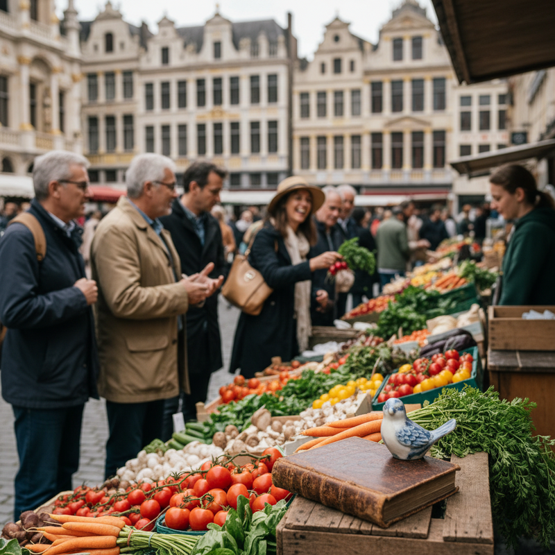 Een levendige foto van een Brusselse buitenmarkt met diverse kraampjes die verse producten en tweedehands goederen aanbieden, omringd door winkelende mensen en historische gebouwen.