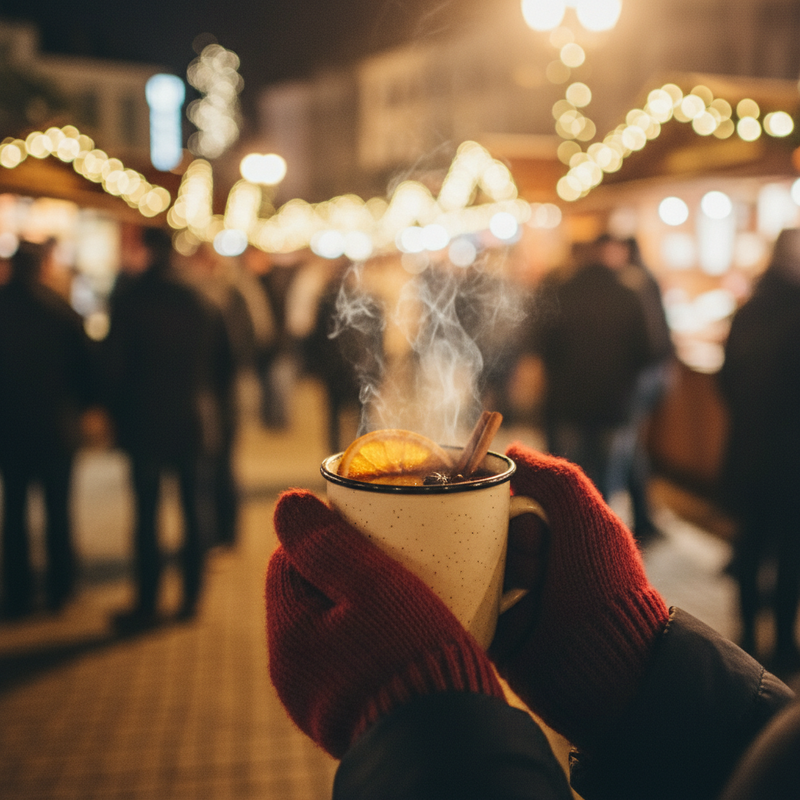 Een persoon met warme handschoenen houdt een dampende mok glühwein met een kaneelstokje vast, met op de achtergrond de onscherpe lichten van een kerstmarkt.