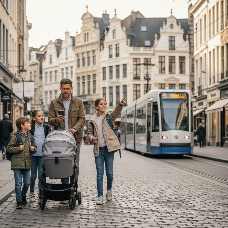 Een familie navigeert door een Brusselse straat, met ouders die een kaart raadplegen en kinderen die de omgeving verkennen, met openbaar vervoer op de achtergrond, wat de praktische aspecten van een stedelijke uitstap illustreert.