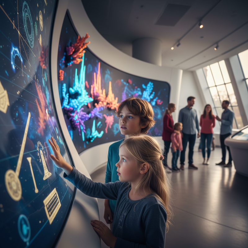 Een jong kind met een lachend gezicht raakt een interactief aanraakscherm aan in een modern museum, omringd door kleurrijke tentoonstellingen en andere vage figuren van kinderen en volwassenen, wat de levendige en educatieve sfeer van de tentoonstelling benadrukt.