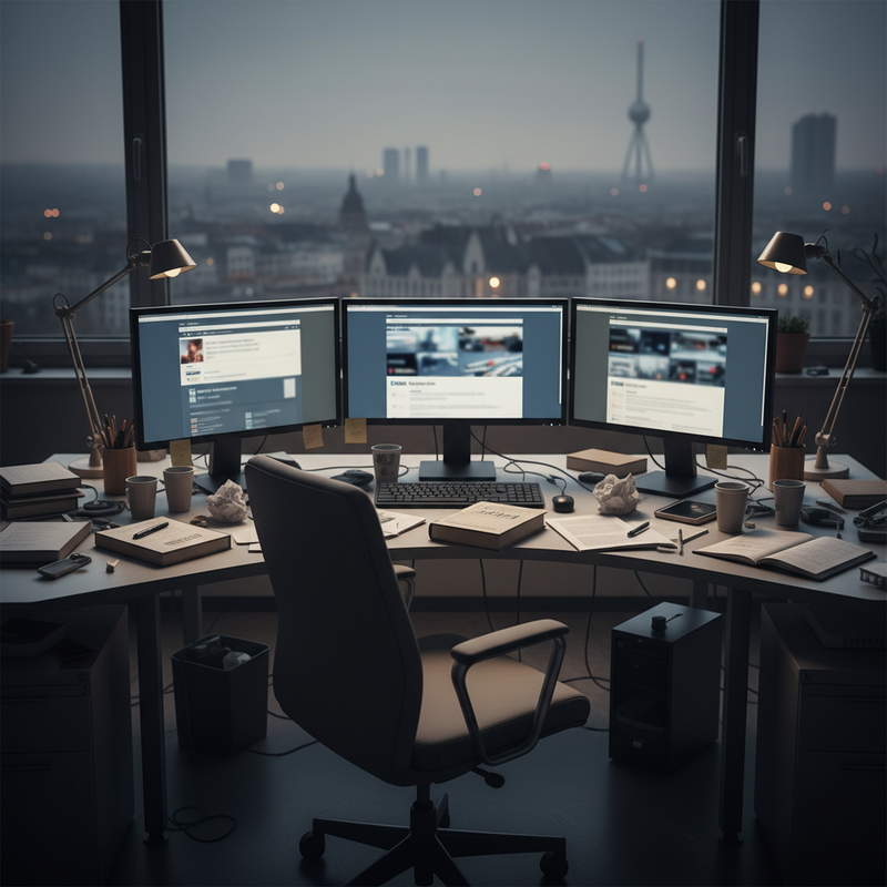 Lege nieuwsredactie met computerschermen en Brusselse skyline op achtergrond, symboliseert informatievacuüm