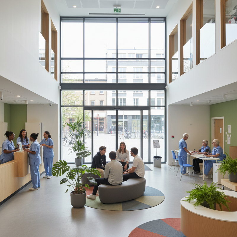 Moderne gezondheidshub in Brussel waar diverse inwoners gezondheidscontroles krijgen van vriendelijk personeel