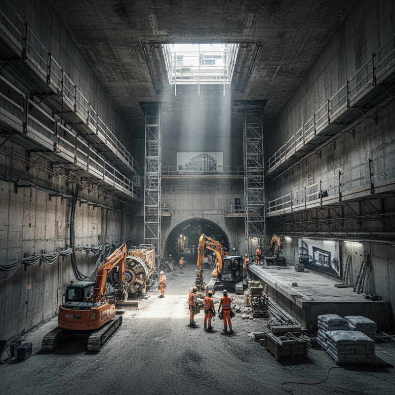 Bouwwerkzaamheden in Brusselse metrostation met arbeiders en moderne bouwapparatuur
