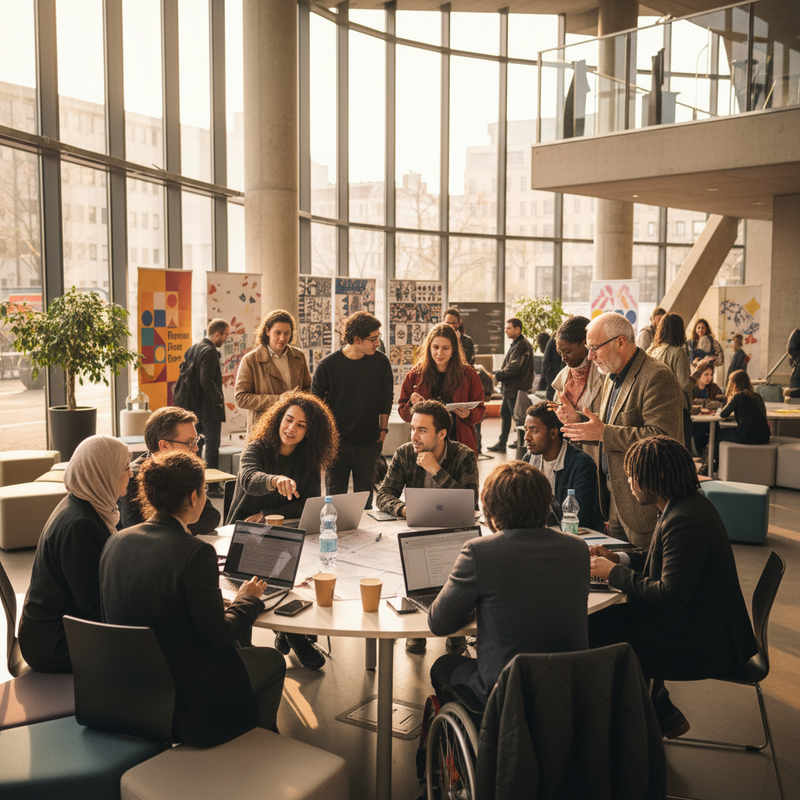 Diverse groep Brusselaars in gesprek tijdens gemeenschapsevenement met meertalige borden op de achtergrond