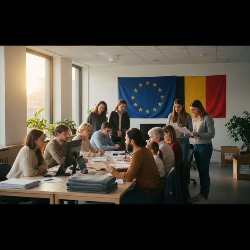 Vrijwilligers helpen Oekraïense vluchtelingen met administratie in een Brussels ngo-kantoor