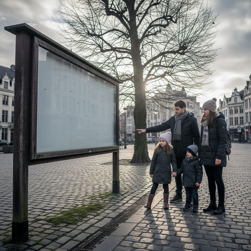 Een gezin bekijkt een lege evenementenkalender in Brussel, symboliserend het beperkte aanbod aan familieactiviteiten