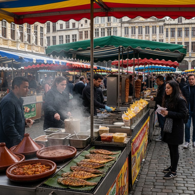 Drukke Brusselse straatmarkt met diverse foodkramen waaronder Marokkaanse, Congolese en Turkse gerechten, bezoekers wandelen tussen de kraampjes