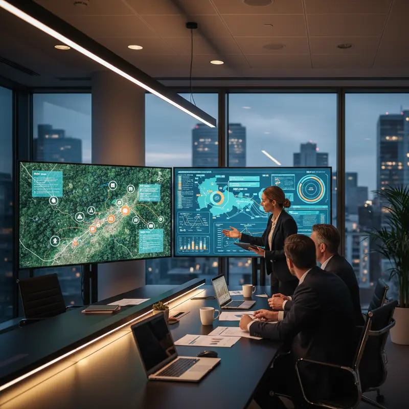 Zakenmensen in Brussel analyseren digitale kaarten en documenten voor traceerbaarheid van toeleveringsketens