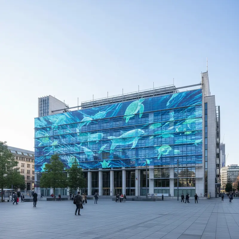 Europees Parlement gebouw in Brussel met digitale oceaan visualisatie die EU financiering voor maritieme projecten symboliseert