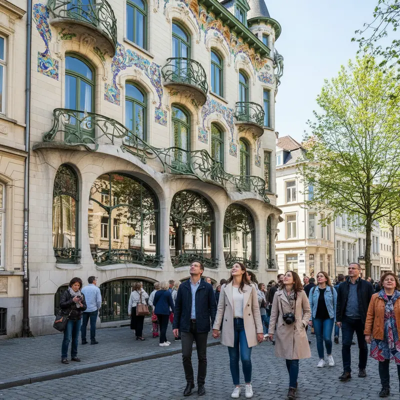 Gevelbekleding van een Art Nouveau gebouw in Brussel met sierlijke lijnen en decoratieve elementen