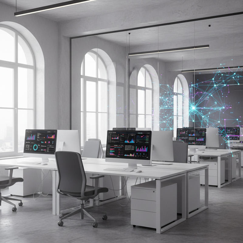 Leeg modern kantoor in Brussel met computerschermen en digitale netwerk visualisatie op achtergrond