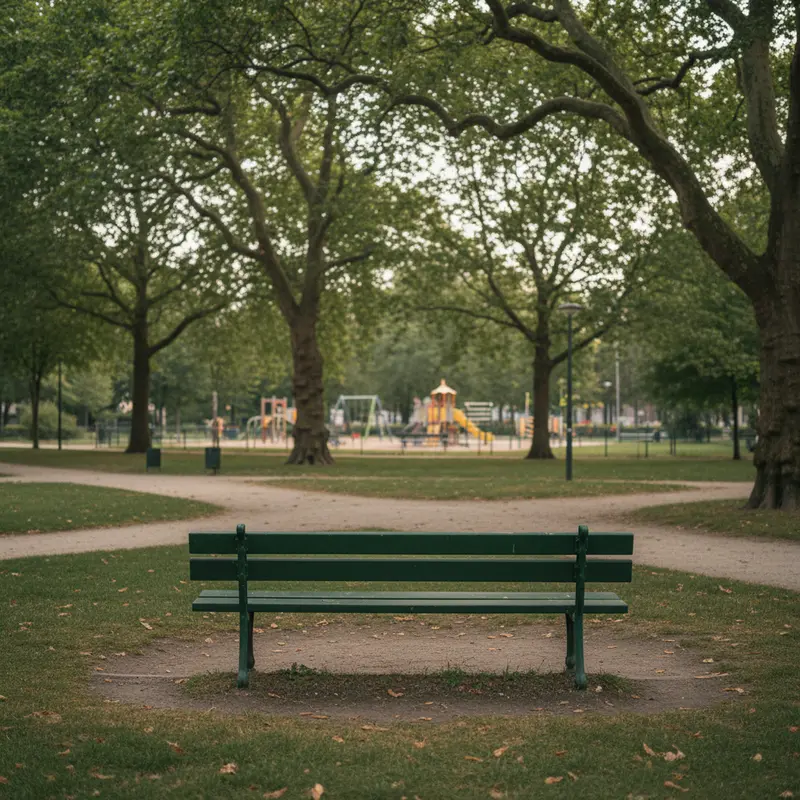 Leeg bankje in een Brussel stadspark met bomen en speeltoestellen op de achtergrond