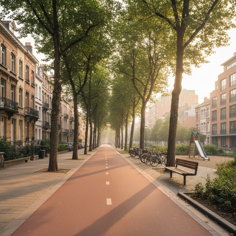Een schone, boomrijke straat in Brussel met een duidelijk fietspad en historische gebouwen, wat de directe impact van gemeentelijk beleid op de stedelijke leefkwaliteit illustreert.