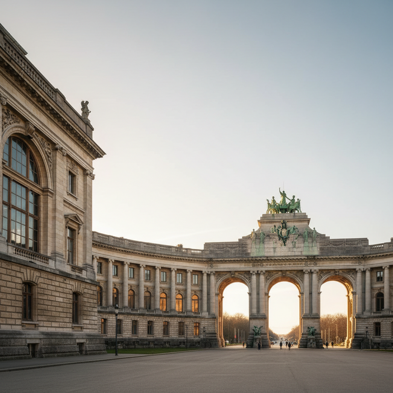 Een weids fotografisch beeld van de indrukwekkende Jubelpark Arcade in Brussel, met de klassieke zuilen en bogen die leiden naar de museumvleugels, onder een heldere hemel.