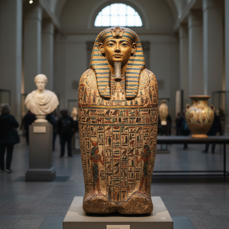Een gedetailleerde foto van een antieke Egyptische sarcofaag met hiëroglyfen en kleurrijke afbeeldingen. Op de achtergrond zijn vaag andere museumstukken zichtbaar, wat de diversiteit van de collectie benadrukt.