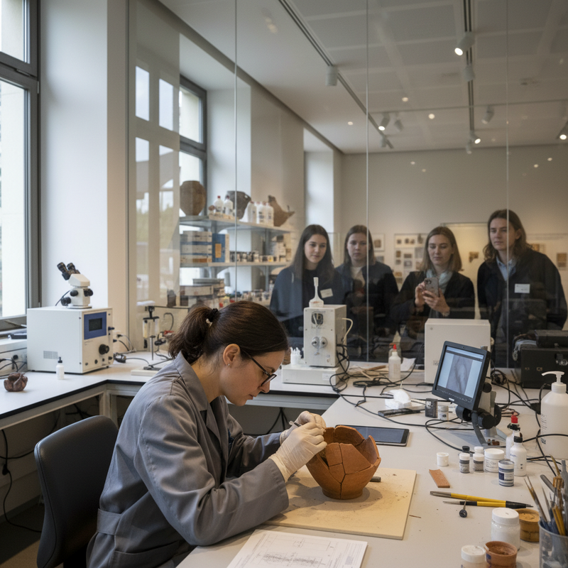 Een museumconservator werkt aan een oud voorwerp in een laboratorium, terwijl een diverse groep bezoekers of studenten door een glazen wand toekijkt.