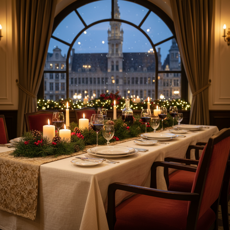 Een elegant gedekte kersttafel in een Brussels restaurant, met glimmend bestek, glazen en sfeervolle kerstdecoratie onder warm licht. Op de achtergrond is een wazig beeld van historische Brusselse architectuur te zien.