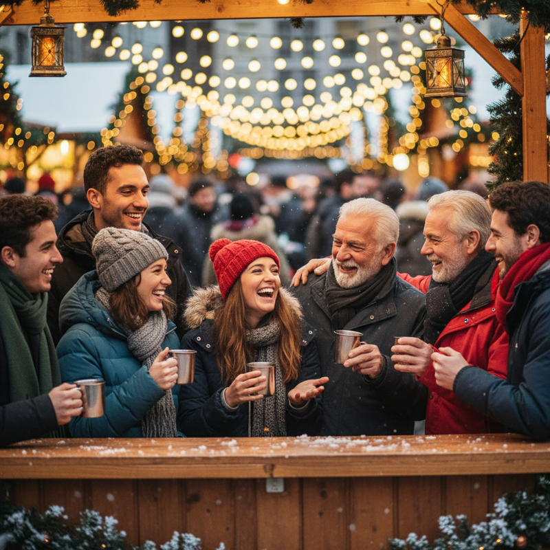 Een warme, sfeervolle foto van lachende mensen van verschillende leeftijden en etniciteiten die samenkomen bij een kerstmarktkraam. Zachte kerstverlichting op de achtergrond. De focus ligt op menselijke interactie en gemeenschap.