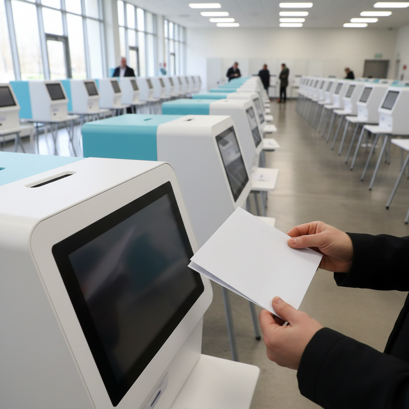 Een close-up van handen die een identiteitskaart en een oproepingsbrief vasthouden bij de ingang van een elektronisch stemhokje.