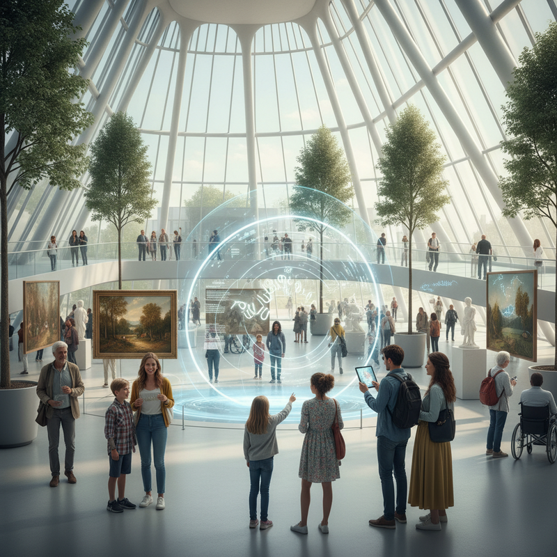 Een diverse groep mensen, waaronder een familie met kinderen en oudere bezoekers, interageert met digitale schermen en geniet van kunst in een modern, licht museum. De scene straalt een gevoel van openheid en vooruitgang uit.