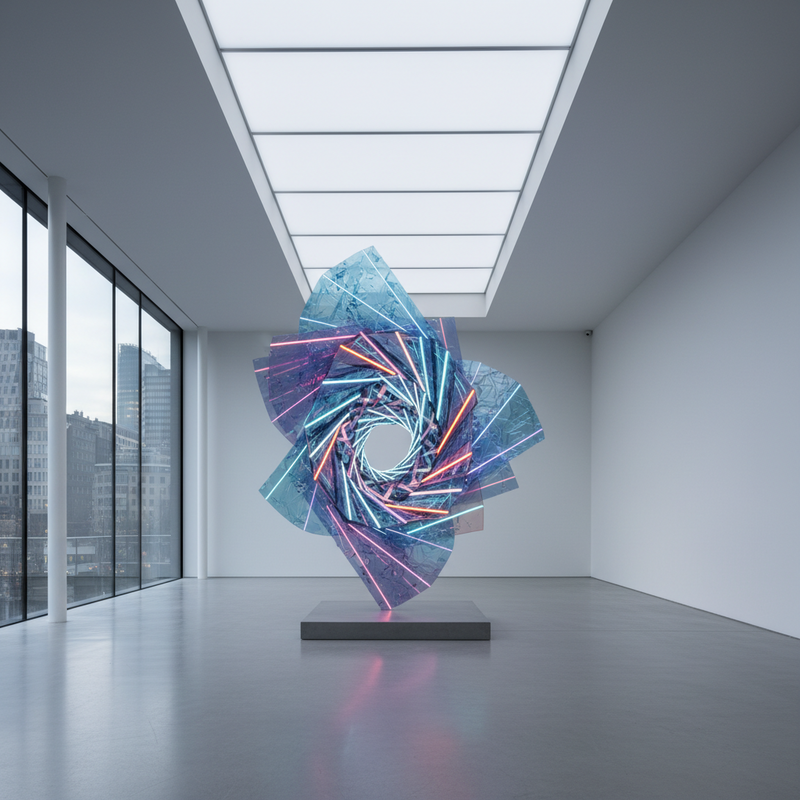 Een minimalistische kunstgalerij met een opvallende, abstracte sculptuur die digitale en gerecyclede elementen combineert, verlicht door zacht, diffuus licht, symboliserend de toekomst van moderne kunst.