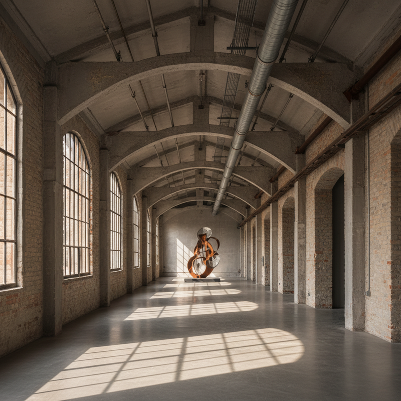 Een lange, lege galerijhal in een voormalig industrieel gebouw, met hoge plafonds, grote ramen en een abstract sculptuur in de verte, verlicht door natuurlijk licht.