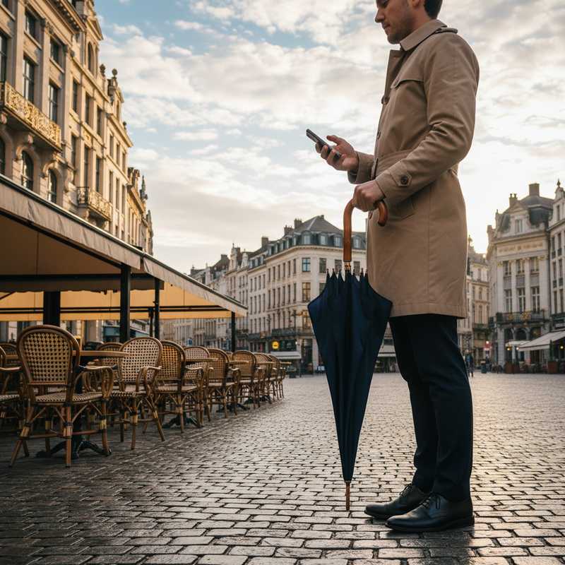 Een persoon op een kasseistraat in Brussel, met op de achtergrond klassieke Brusselse architectuur en een caféterras, kijkt op zijn telefoon voor de weersvoorspelling. De lucht toont een mix van bewolking en zonlicht. De persoon houdt een opgevouwen paraplu vast.