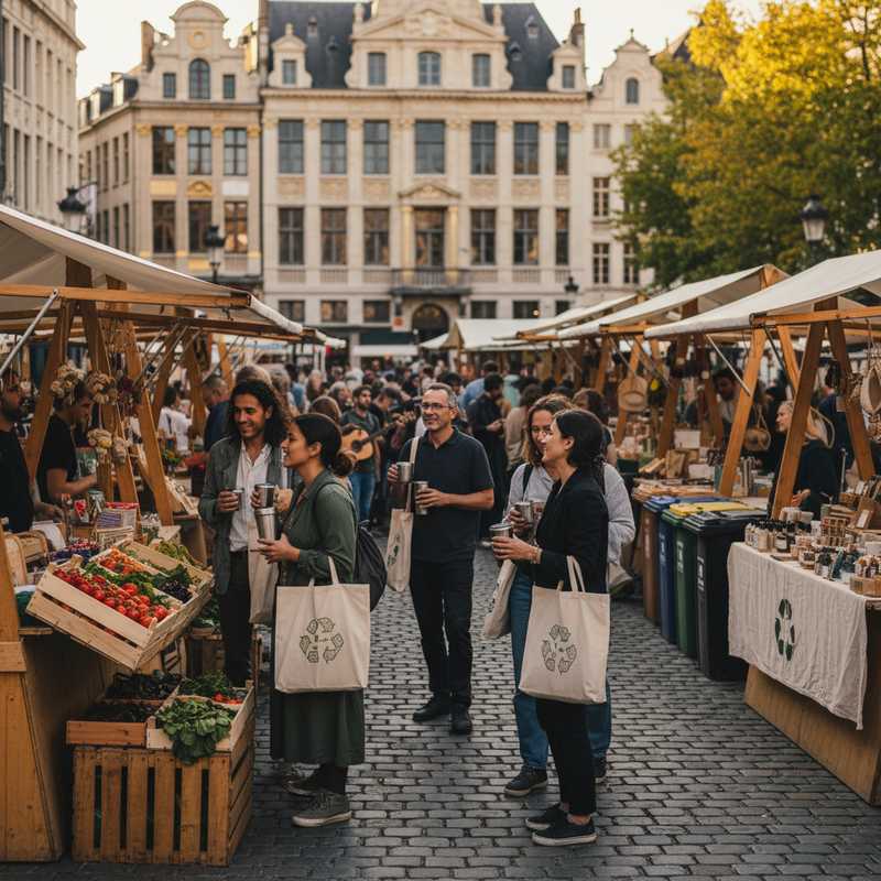 Een levendige scène van een lokaal openluchtevenement in Brussel, waar diverse mensen rondlopen tussen kraampjes met verse producten en ambachtelijke waren, met een focus op duurzame praktijken en gemeenschapszin.