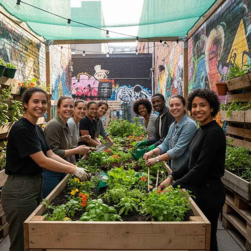 Een diverse groep mensen werkt samen in een levendige stadstuin, lachend en bezig met het onderhouden van planten in verhoogde bedden. Ze symboliseren gemeenschapszin en actieve betrokkenheid bij lokale duurzaamheid.
