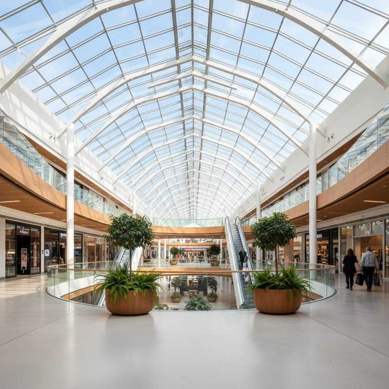 Interieur van een modern winkelcentrum in Brussel met veel natuurlijk licht, hoge plafonds en ruime gangpaden, met enkele mensen die rustig winkelen.