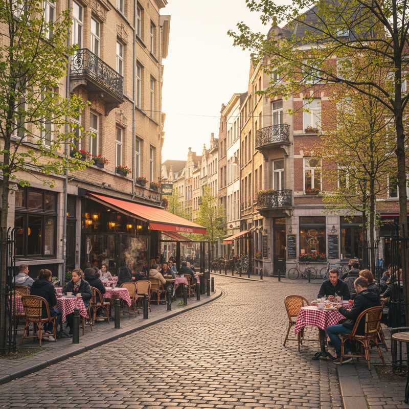Een gezellige foto van een Brusselse straat met een caféterras waar mensen ontspannen in het milde licht van de lente of herfst, omringd door historische gebouwen en seizoensgebonden groen.