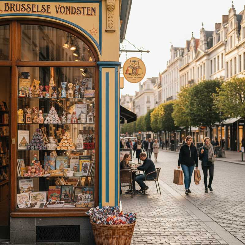 Een zonnige straat in Brussel met een charmante lokale winkel vol ambachtelijke producten op de voorgrond en een glimp van een elegante boulevard op de achtergrond, symboliserend de diverse winkelervaringen.