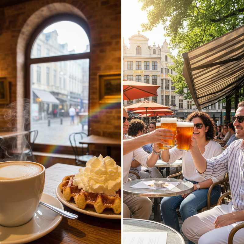 Een gedeelde afbeelding die aan de ene kant een warme Brusselse wafel met koffie in een sfeervol interieur bij regen toont, en aan de andere kant een zonnig terras met mensen die Belgisch bier drinken in Brussel.