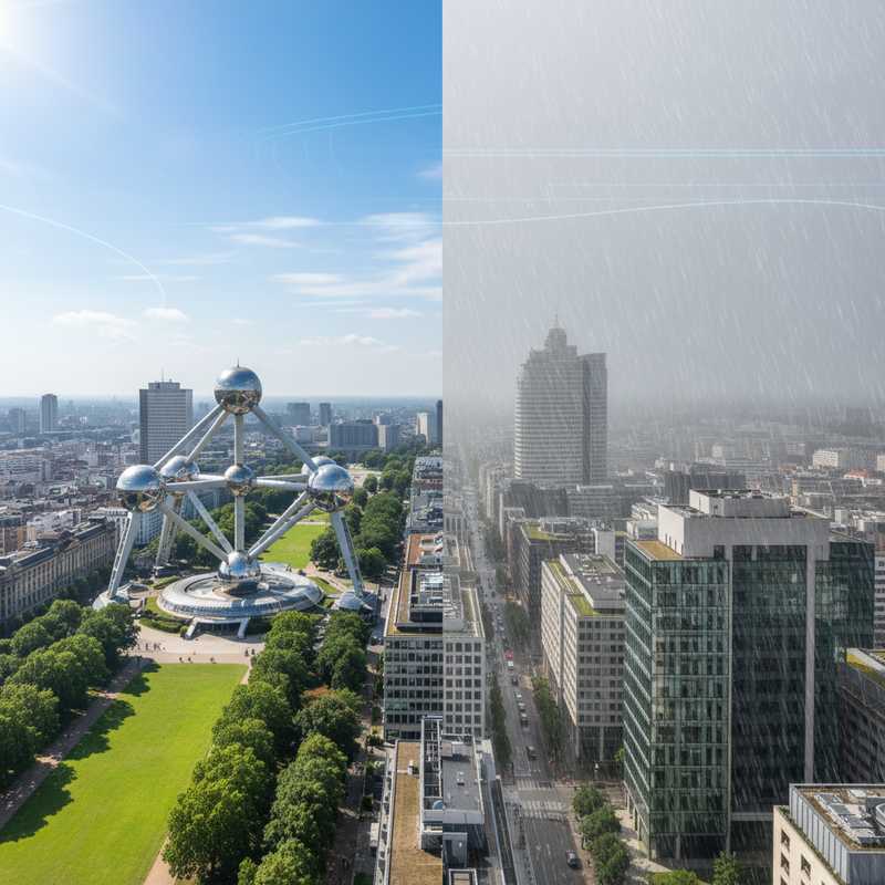 Een fotografisch overzicht van Brussel met een helderblauwe lucht en zon boven een deel van de stad, terwijl regen zachtjes valt over een ander stedelijk gebied. Fijnmazige, abstracte lijnen in de lucht symboliseren weermodellen en en data.