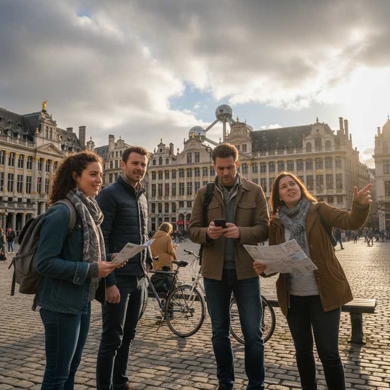 Een levendige foto van mensen in Brussel die hun dag plannen. Op de achtergrond zijn de skyline van Brussel en een dynamische lucht met zowel zon als wolken te zien. De voorgrond toont mensen die zich voorbereiden op activiteiten, sommigen met een fiets of tas, en een enkeling die discreet naar een smartphone kijkt, wat duidt op het checken van het weer voor hun korte-termijn plannen.