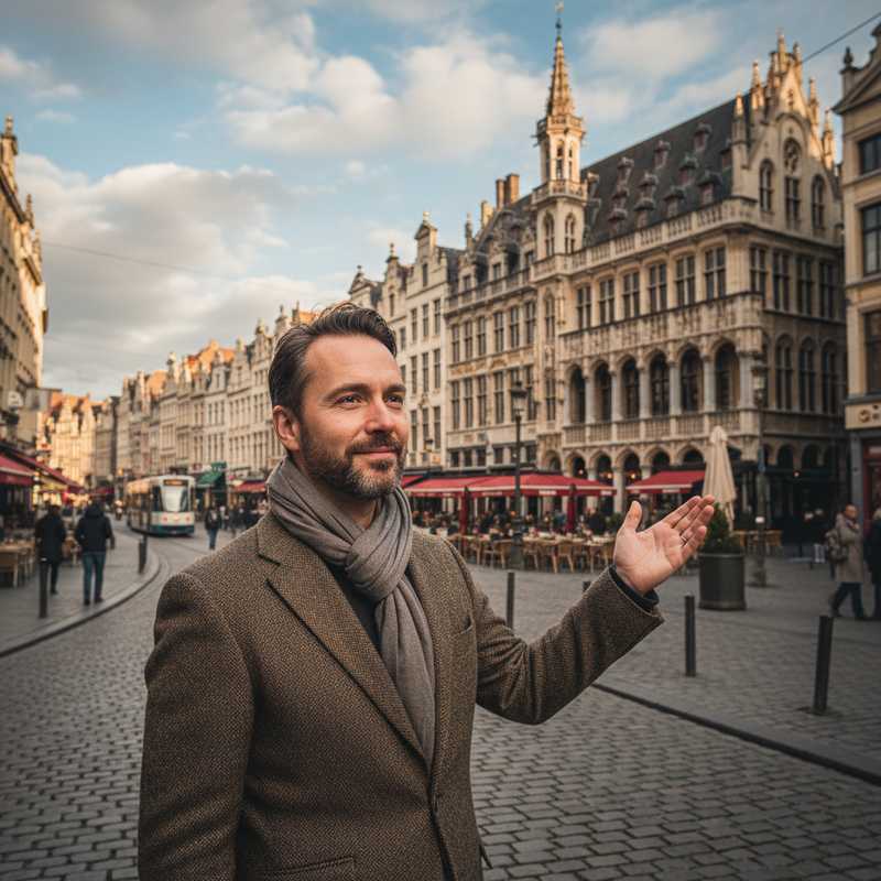 Een man met een warme uitstraling staat op een sfeervolle Brusselse straat, met op de achtergrond terrassen en historische gebouwen. Hij kijkt met een lichte glimlach in de verte, terwijl deels bewolkte lucht boven hem hangt, wat een gevoel van anticipatie en planning oproept.