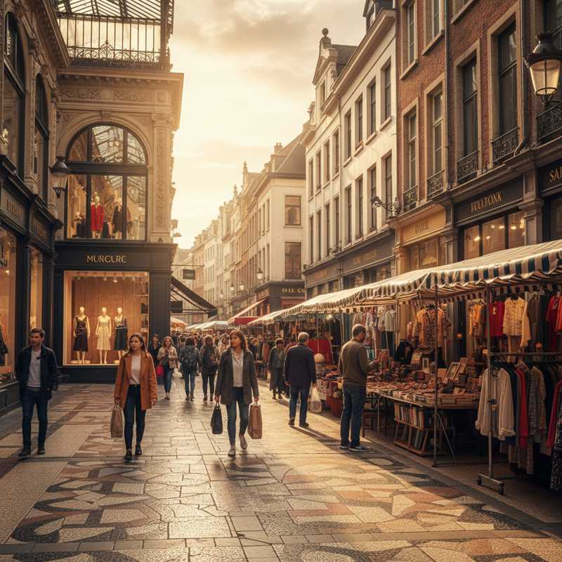 Een levendige straatscène in Brussel die de diversiteit van de winkelbuurten weergeeft, met mensen die langs verschillende soorten winkels en architectuur lopen.