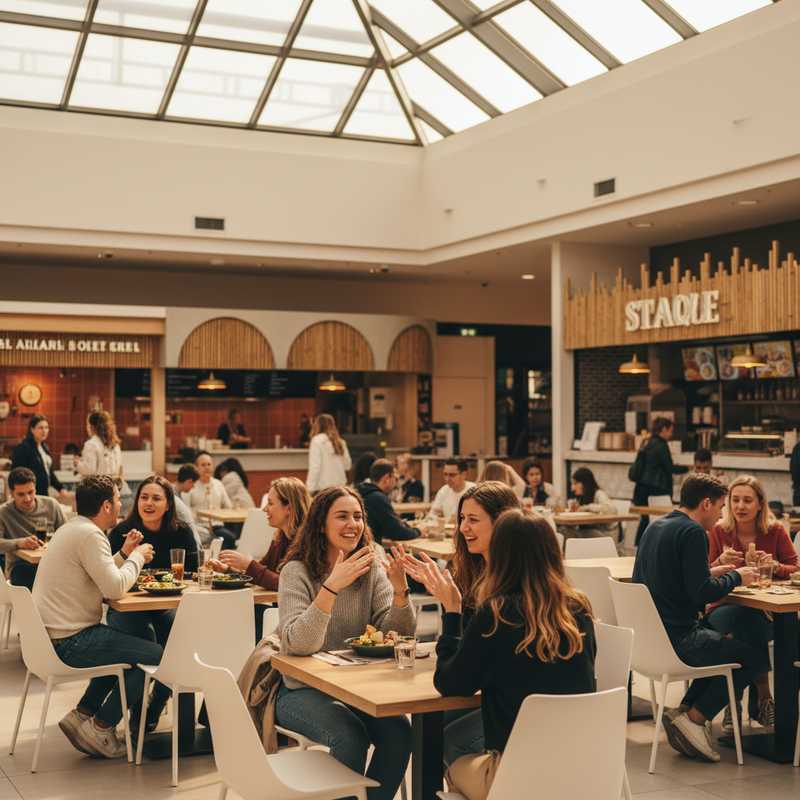 Een levendige foto van een foodcourt in een modern Brussels winkelcentrum, waar mensen van verschillende leeftijden genieten van maaltijden en gesprekken aan tafels, met op de achtergrond verschillende eetkraampjes.