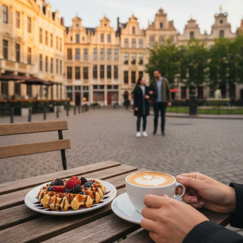 Een close-up foto van een hand die een kop koffie vasthoudt met op de achtergrond een onscherpe maar sfeervolle weergave van historische gebouwen en mensen die wandelen in Brussel.