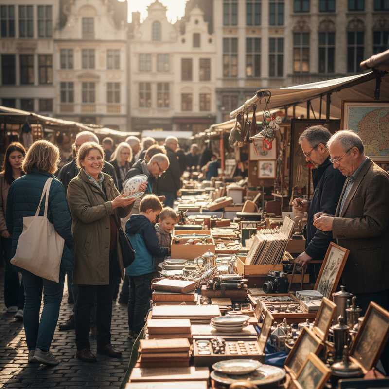 Een levendige foto van een vlooienmarkt in Brussel, waar mensen tussen rijen kramen vol antiek, vintage objecten en curiosa snuffelen onder het genot van de zon. Het toont een authentieke lokale winkelervaring.